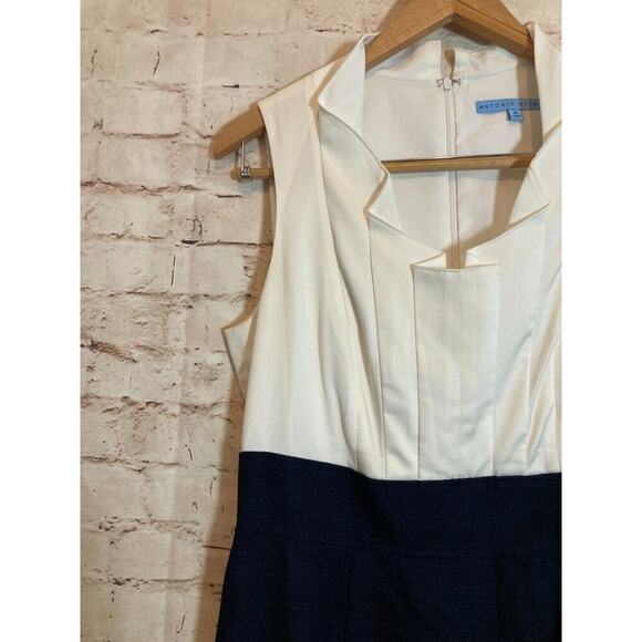 Antonio Melania Dress Womens 10 White & Navy Sheath Colorblock Ruffle Neck Work - Picture 9 of 14